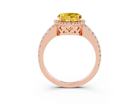 Rose gold Heart Cut Yellow Sapphire Halo Engagement Ring with Pavé Band and Prong Setting_15