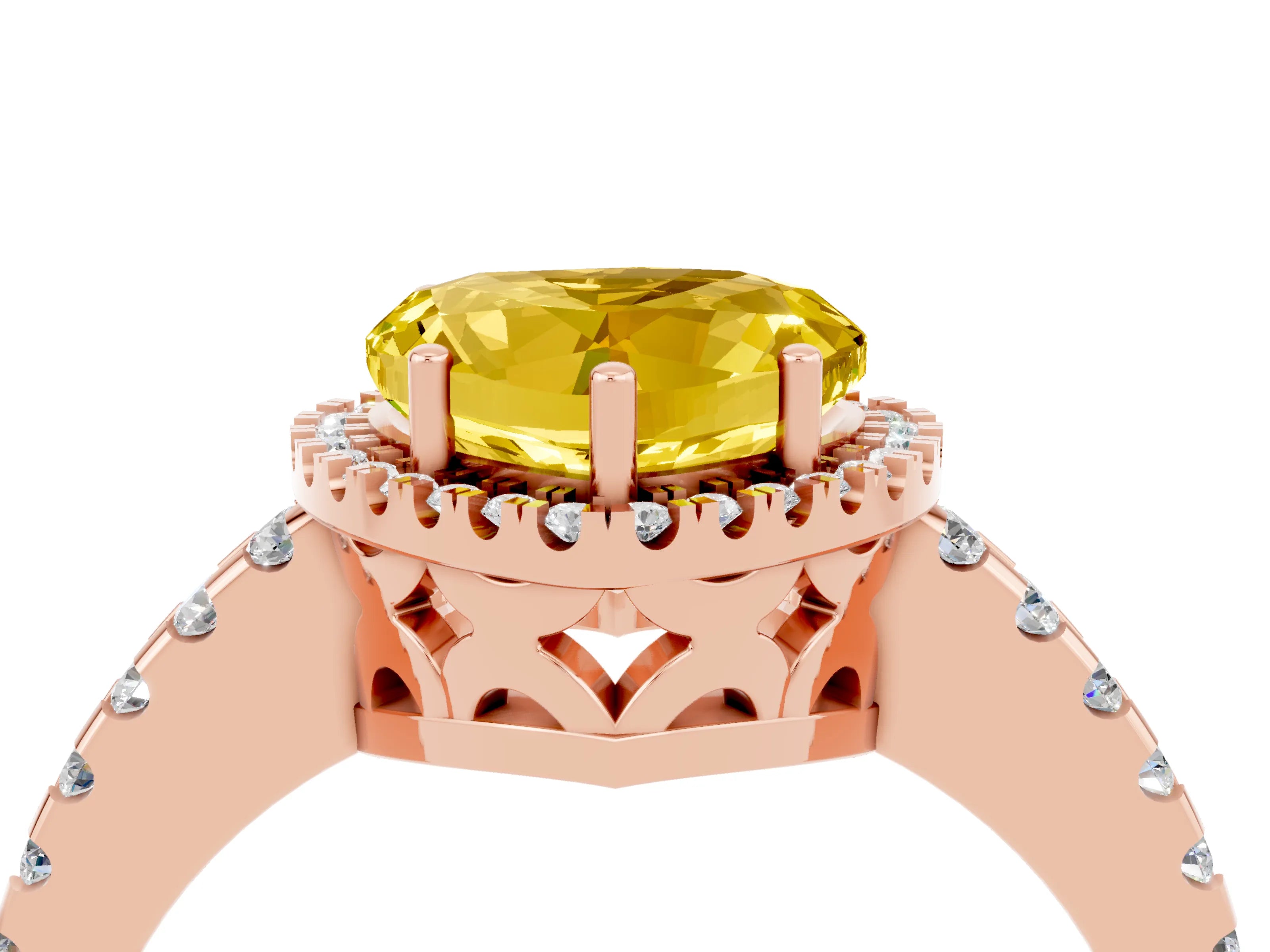 Rose gold Heart Cut Yellow Sapphire Halo Engagement Ring with Pavé Band and Prong Setting_16