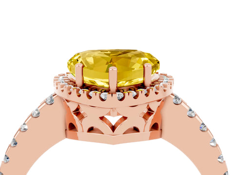 Rose gold Heart Cut Yellow Sapphire Halo Engagement Ring with Pavé Band and Prong Setting_16