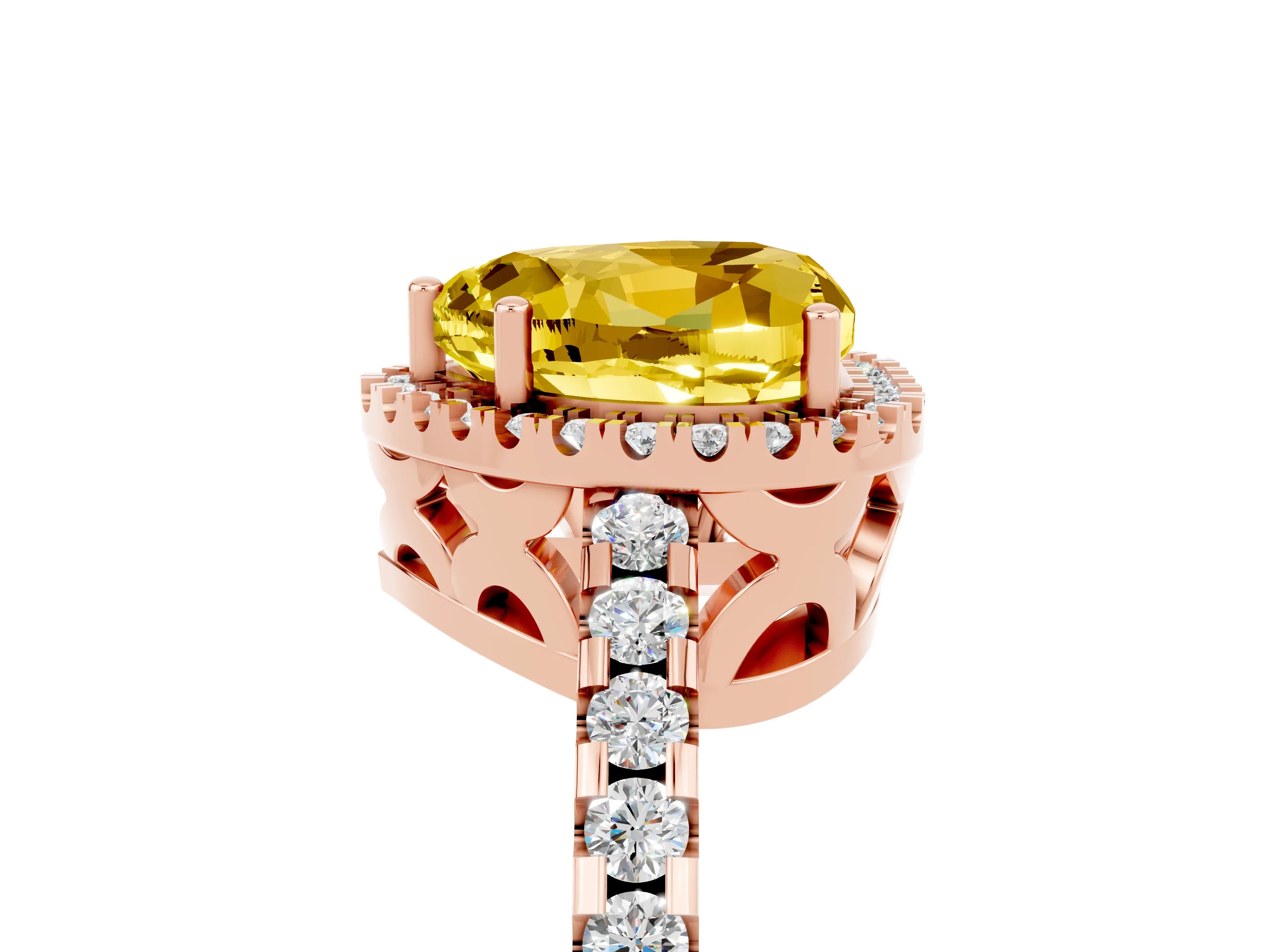 Rose gold Heart Cut Yellow Sapphire Halo Engagement Ring with Pavé Band and Prong Setting_17