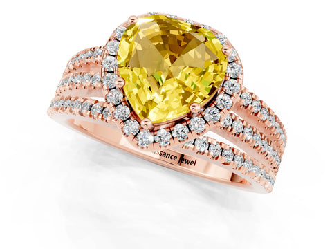 Rose gold Heart Cut Yellow Sapphire Halo Engagement Ring with Split Shank and Four-Prong Setting_1