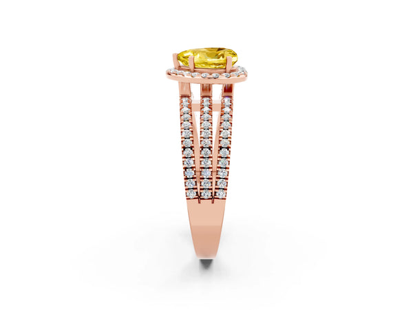 Rose gold Heart Cut Yellow Sapphire Halo Engagement Ring with Split Shank and Four-Prong Setting