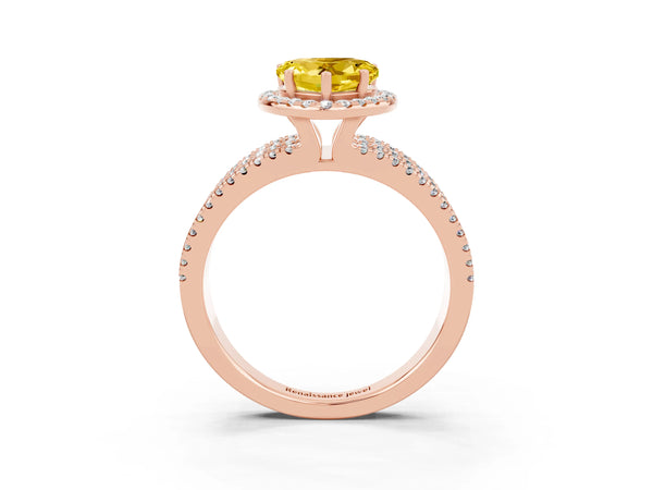 Rose gold Heart Cut Yellow Sapphire Halo Engagement Ring with Split Shank and Four-Prong Setting