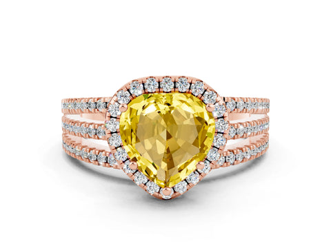 Rose gold Heart Cut Yellow Sapphire Halo Engagement Ring with Split Shank and Four-Prong Setting