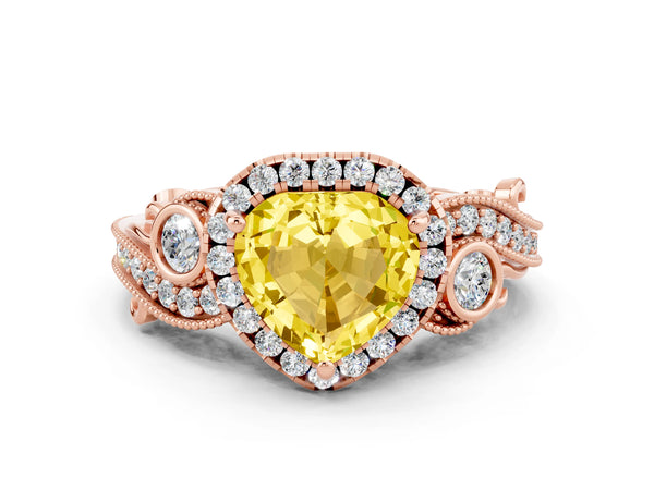 Rose gold Heart Cut Yellow Sapphire Halo Ring with Milgrain Pavé Band and Four-Prong Setting