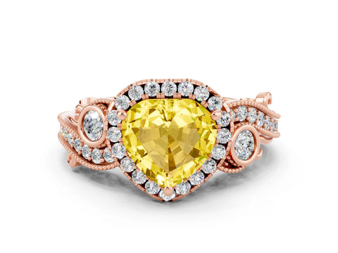 Rose gold Heart Cut Yellow Sapphire Halo Ring with Milgrain Pavé Band and Four-Prong Setting_12