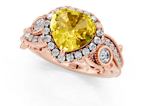 Rose gold Heart Cut Yellow Sapphire Halo Ring with Milgrain Pavé Band and Four-Prong Setting_13