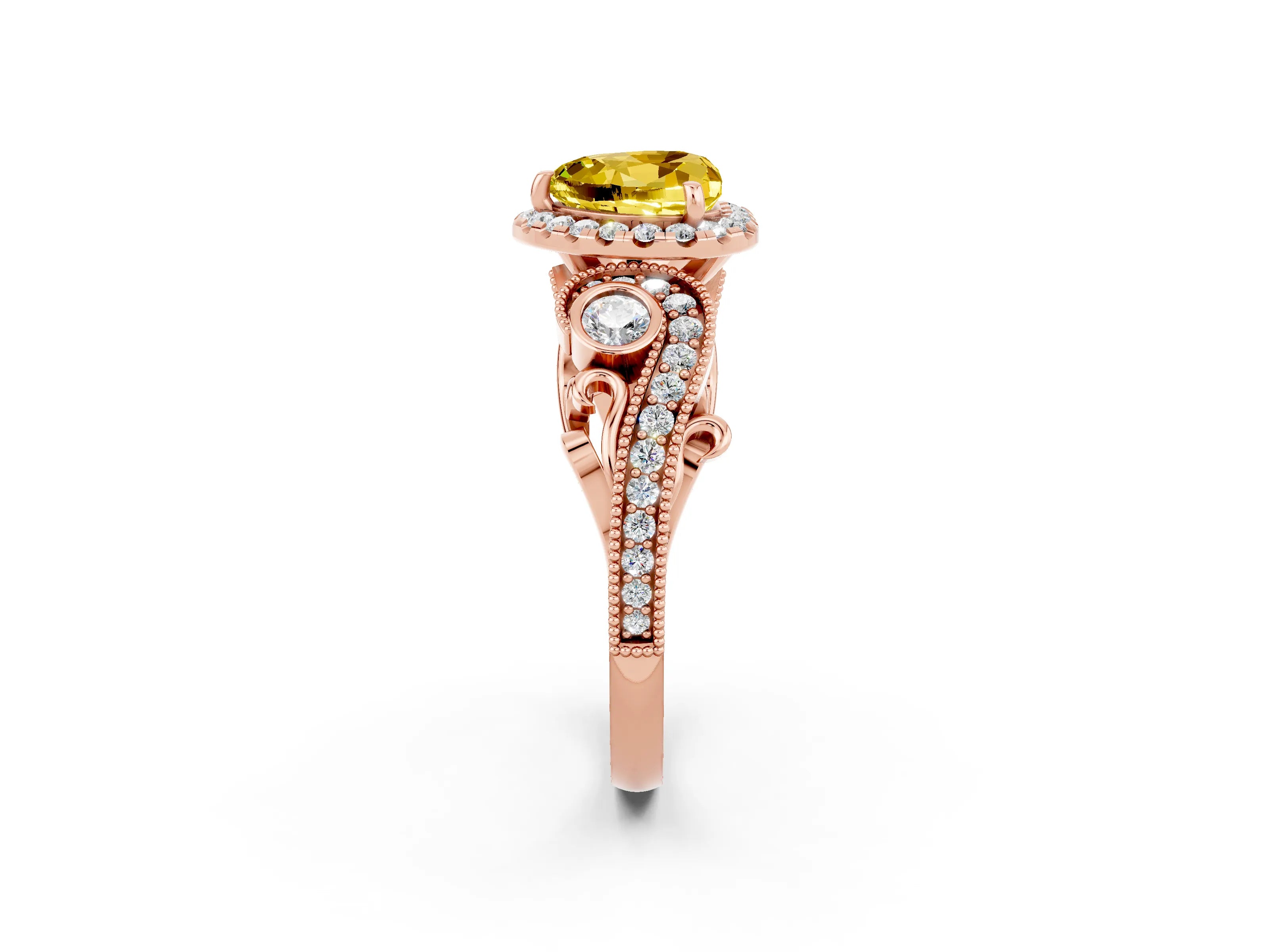 Rose gold Heart Cut Yellow Sapphire Halo Ring with Milgrain Pavé Band and Four-Prong Setting_14