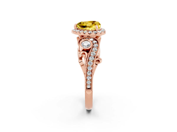Rose gold Heart Cut Yellow Sapphire Halo Ring with Milgrain Pavé Band and Four-Prong Setting