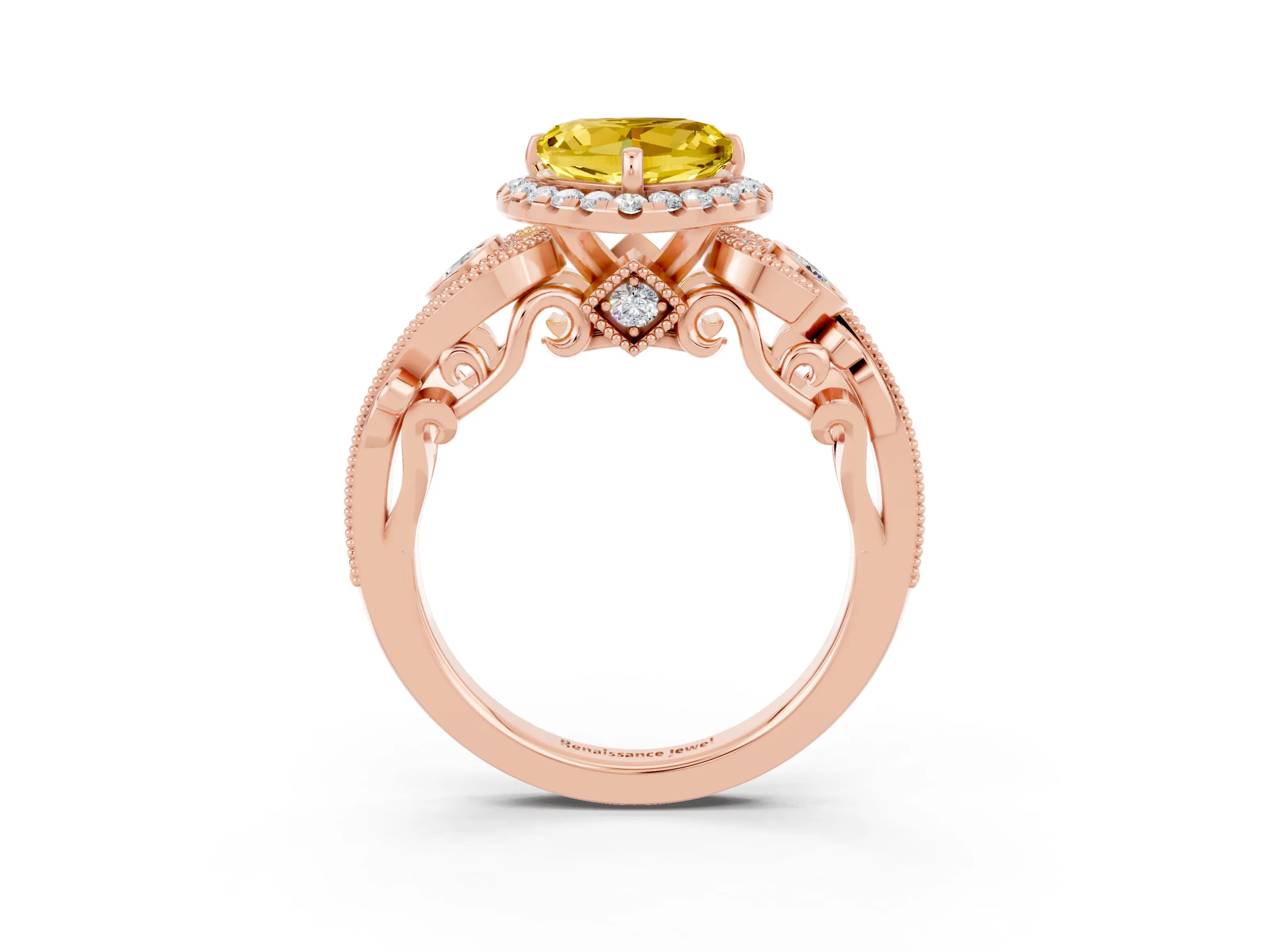 Rose gold Heart Cut Yellow Sapphire Halo Ring with Milgrain Pavé Band and Four-Prong Setting_15