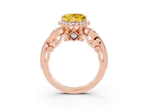 Rose gold Heart Cut Yellow Sapphire Halo Ring with Milgrain Pavé Band and Four-Prong Setting