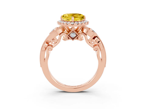 Rose gold Heart Cut Yellow Sapphire Halo Ring with Milgrain Pavé Band and Four-Prong Setting_15