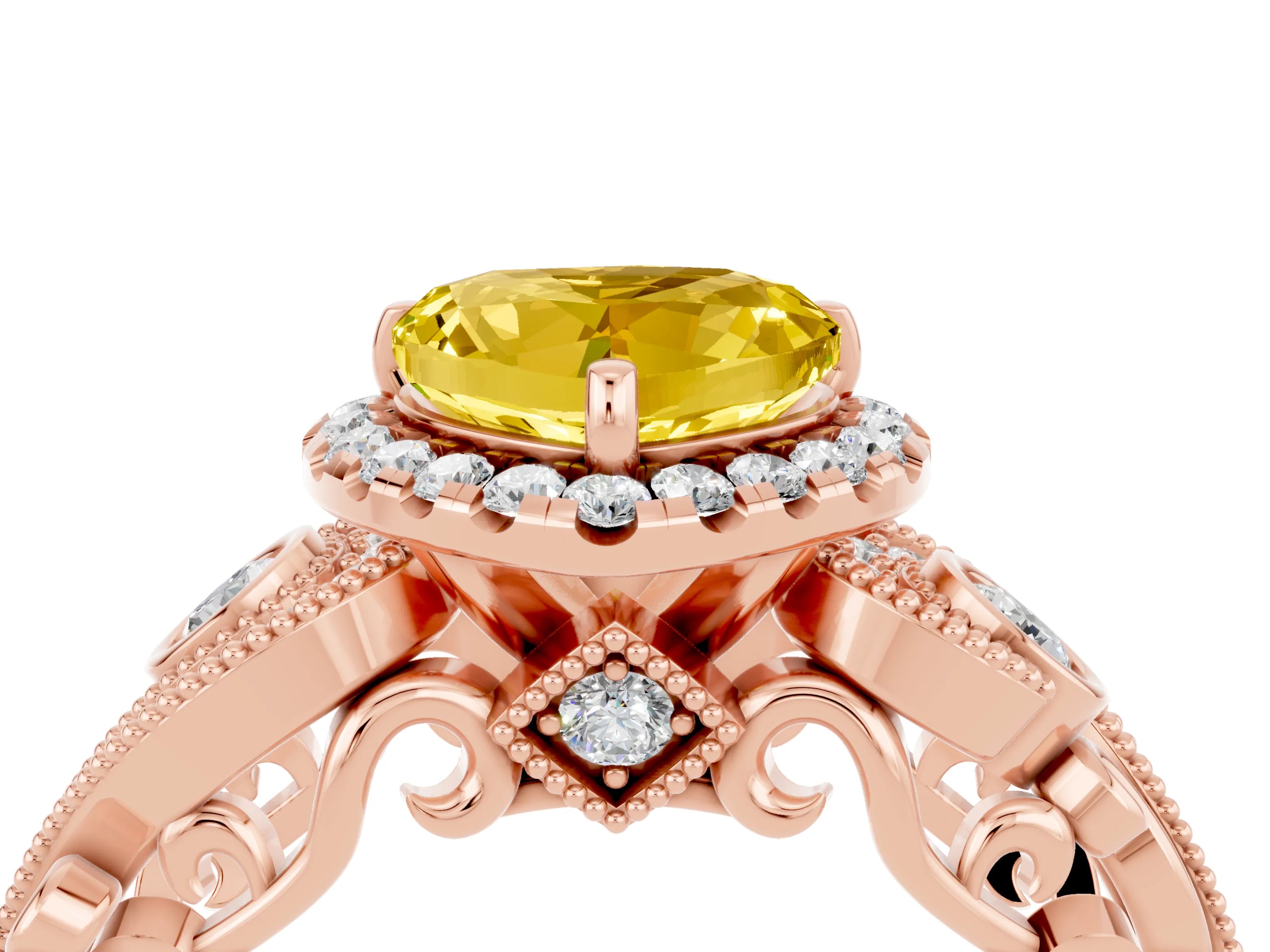 Rose gold Heart Cut Yellow Sapphire Halo Ring with Milgrain Pavé Band and Four-Prong Setting_16