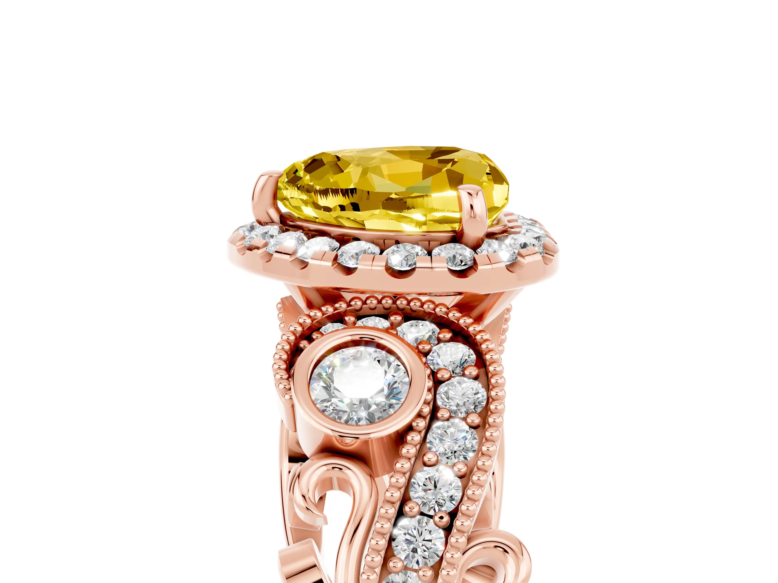 Rose gold Heart Cut Yellow Sapphire Halo Ring with Milgrain Pavé Band and Four-Prong Setting_17
