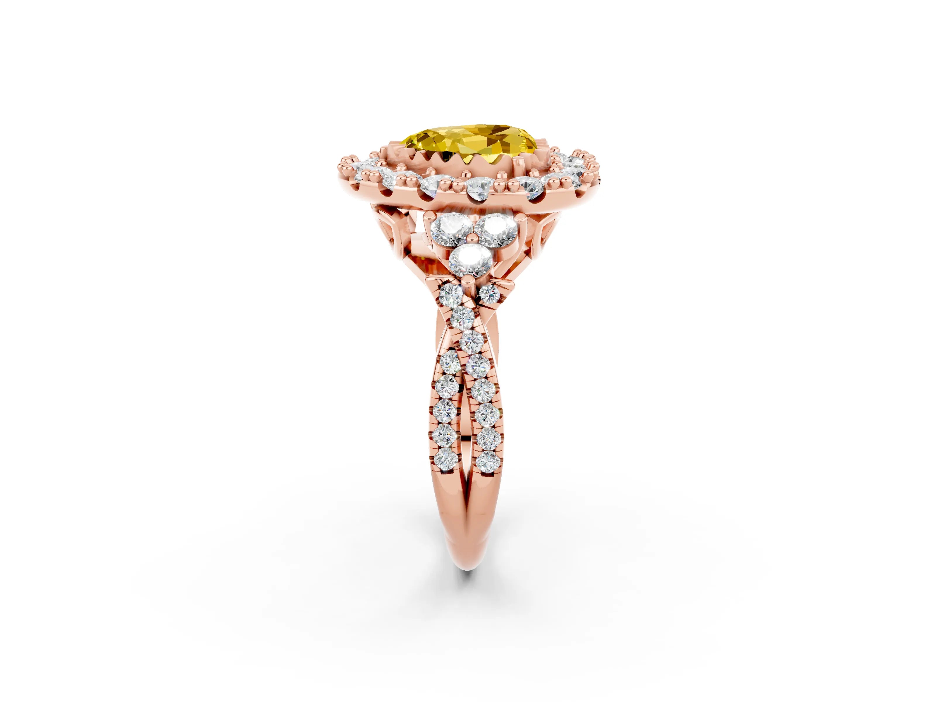 Rose gold Heart Cut Yellow Sapphire Halo Ring with Pavé Band and Four-Prong Setting_14
