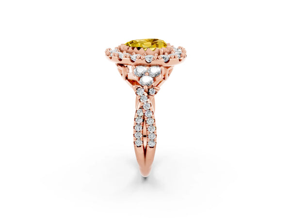 Rose gold Heart Cut Yellow Sapphire Halo Ring with Pavé Band and Four-Prong Setting