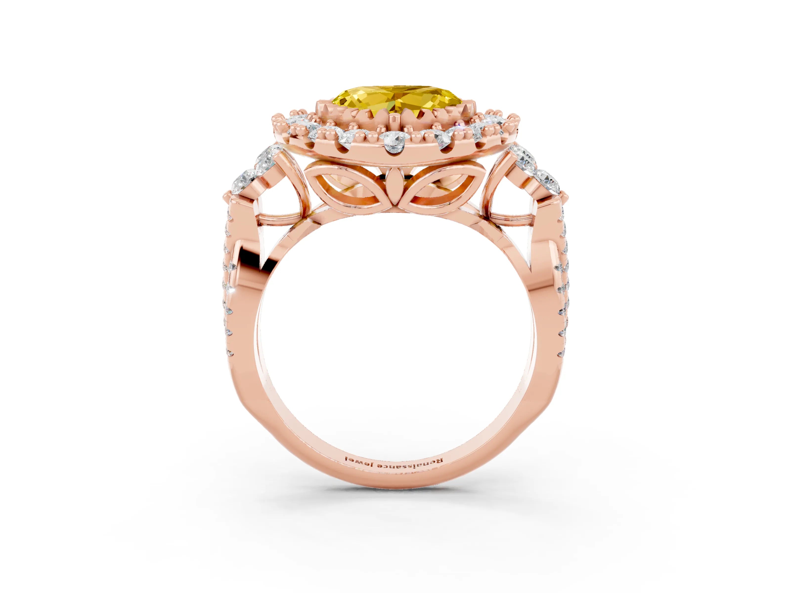 Rose gold Heart Cut Yellow Sapphire Halo Ring with Pavé Band and Four-Prong Setting_15