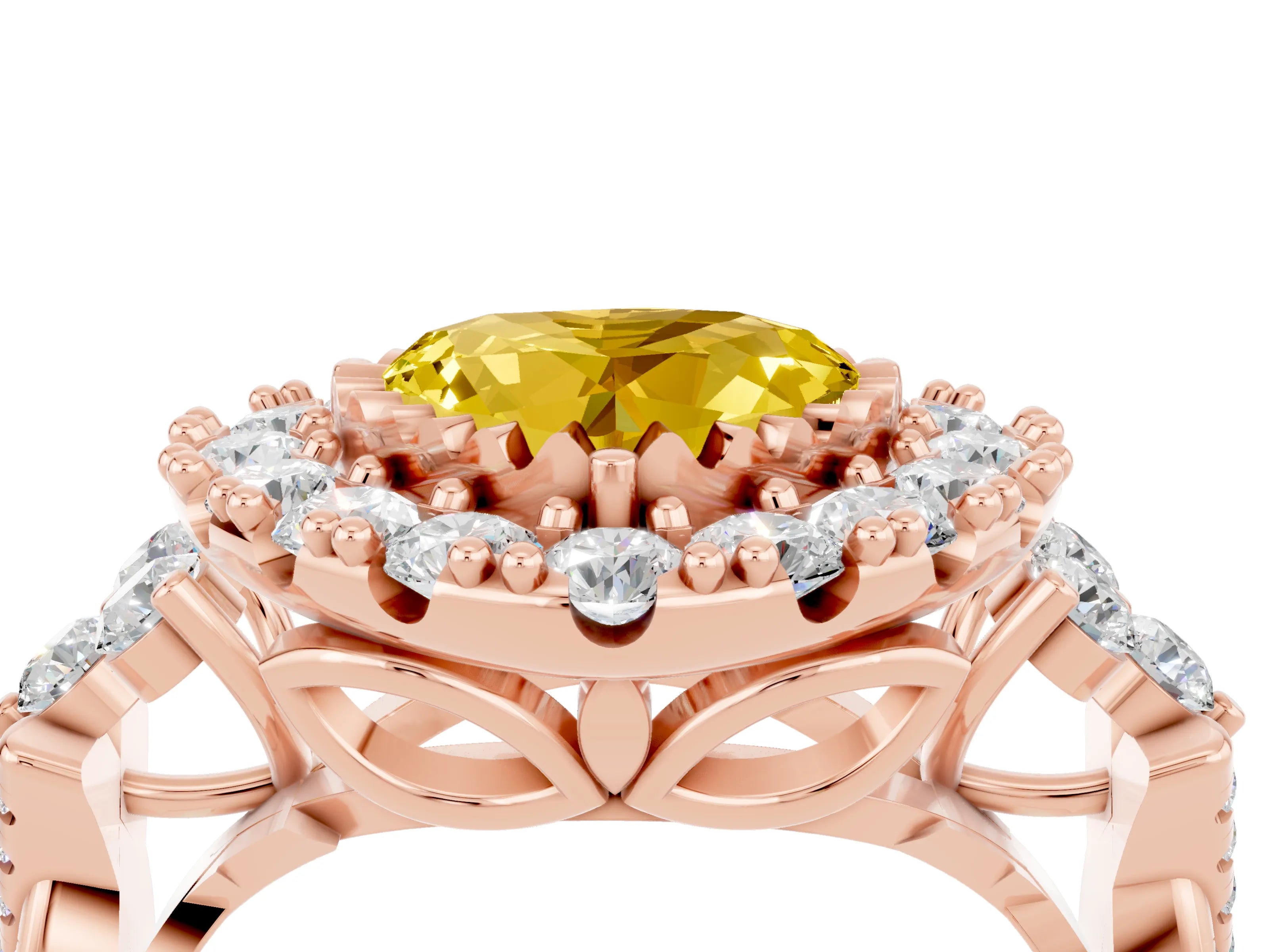 Rose gold Heart Cut Yellow Sapphire Halo Ring with Pavé Band and Four-Prong Setting_16