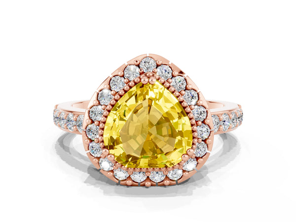 Rose gold Heart Cut Yellow Sapphire Halo Ring with Pavé Band and Prong Setting
