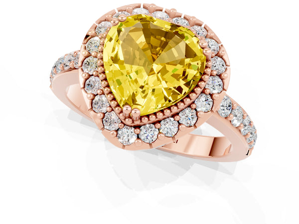 Rose gold Heart Cut Yellow Sapphire Halo Ring with Pavé Band and Prong Setting