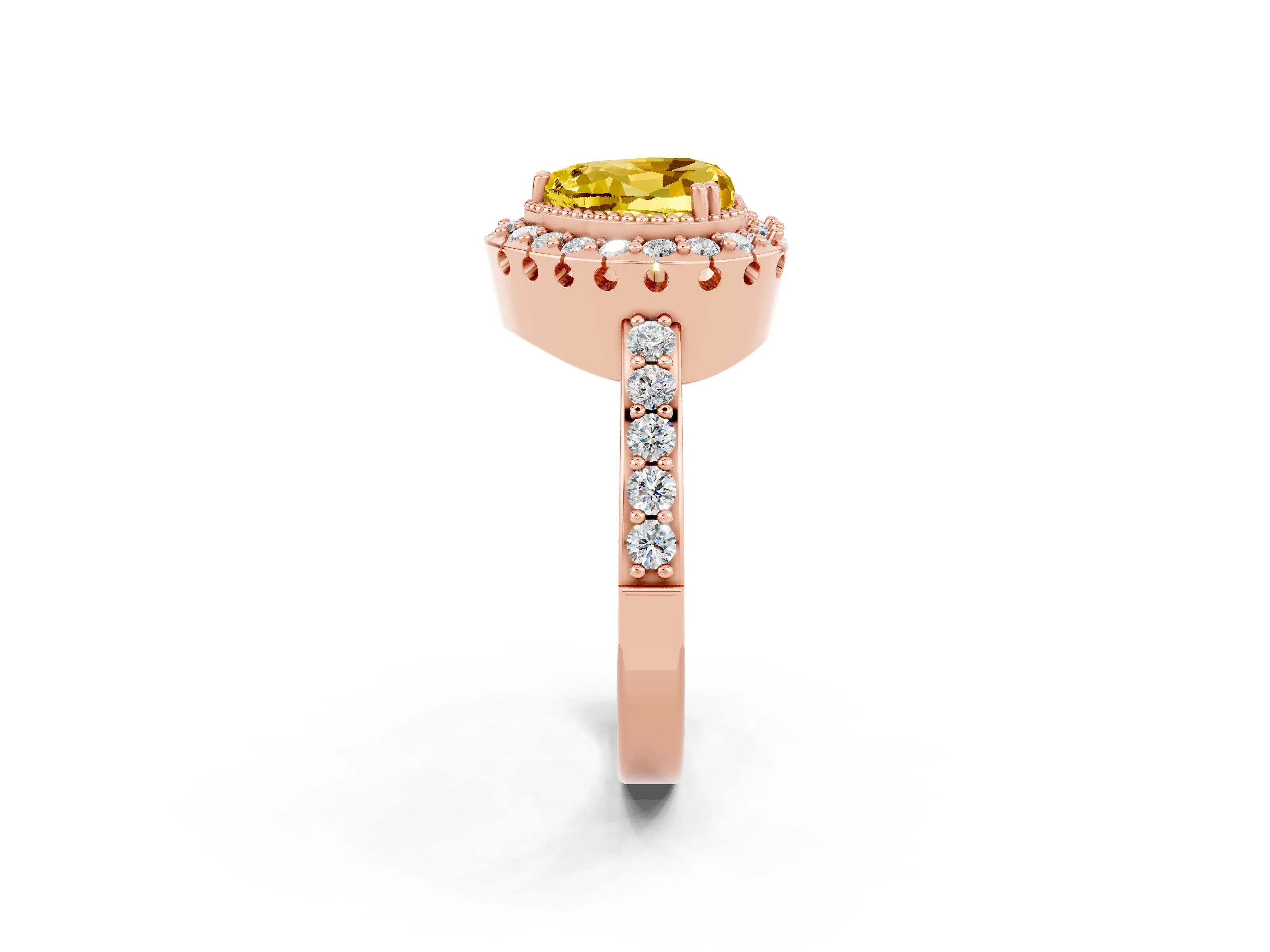 Rose gold Heart Cut Yellow Sapphire Halo Ring with Pavé Band and Prong Setting_2