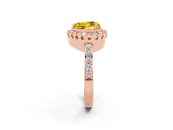 Rose gold Heart Cut Yellow Sapphire Halo Ring with Pavé Band and Prong Setting