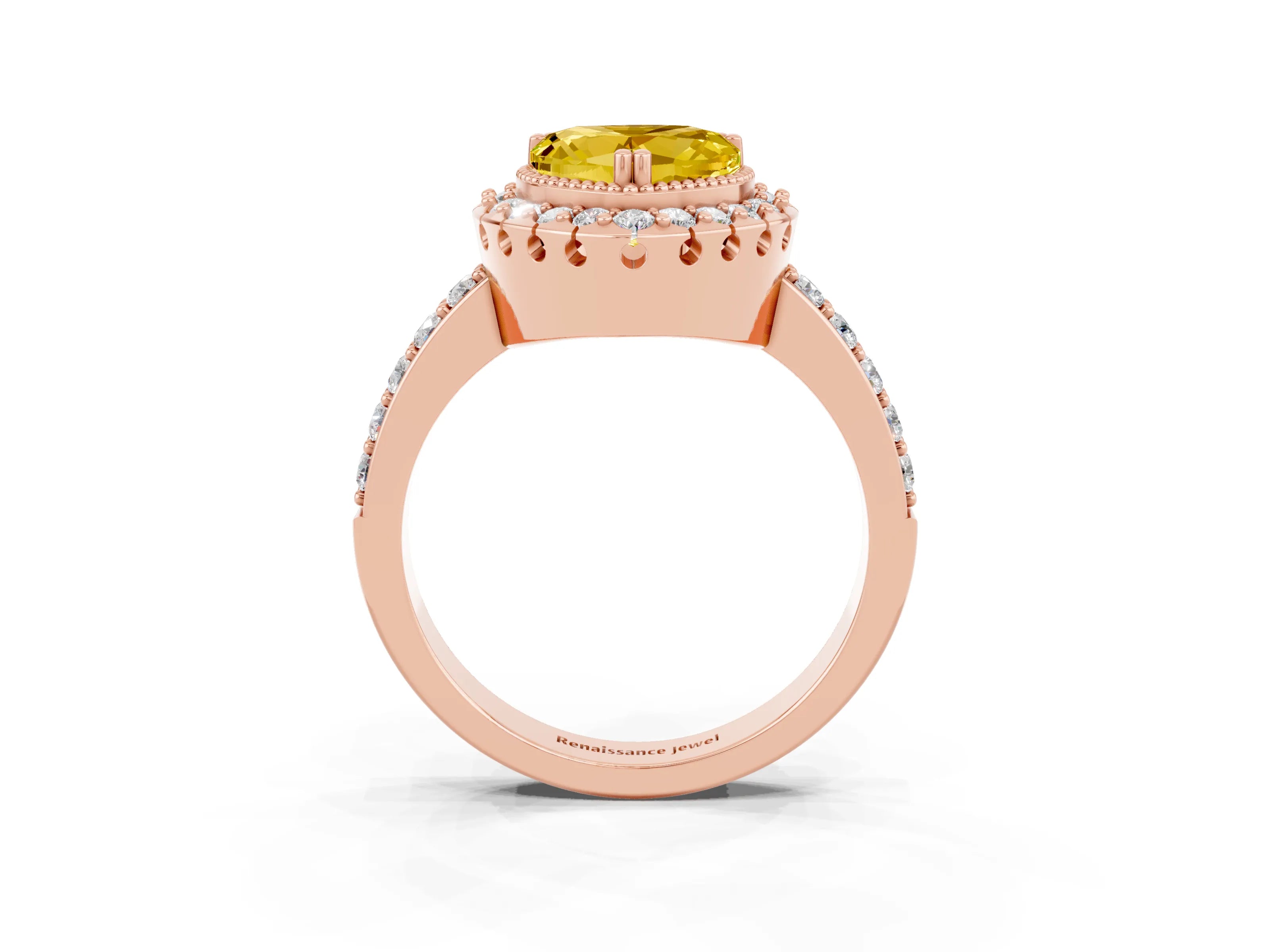 Rose gold Heart Cut Yellow Sapphire Halo Ring with Pavé Band and Prong Setting_3