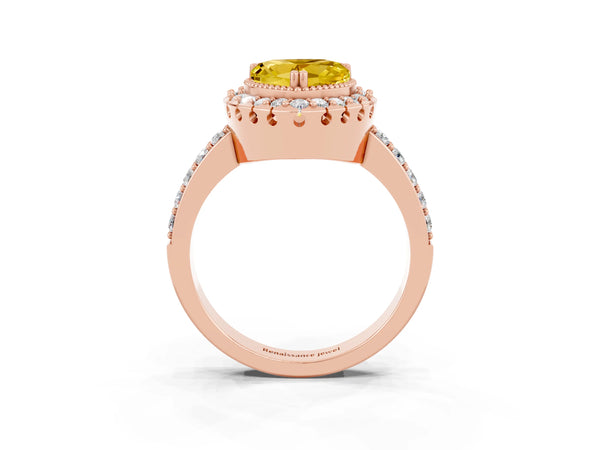 Rose gold Heart Cut Yellow Sapphire Halo Ring with Pavé Band and Prong Setting