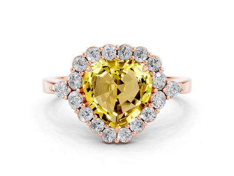 Rose gold Heart Cut Yellow Sapphire Halo Ring with Pear Side Stones and Prong Setting_12