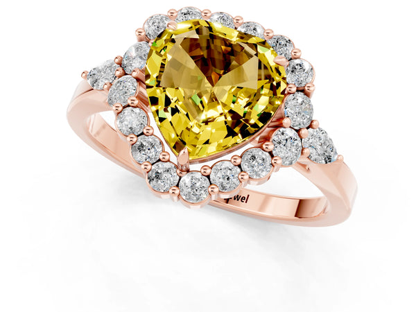 Rose gold Heart Cut Yellow Sapphire Halo Ring with Pear Side Stones and Prong Setting