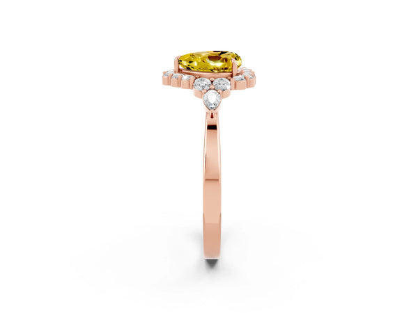 Rose gold Heart Cut Yellow Sapphire Halo Ring with Pear Side Stones and Prong Setting