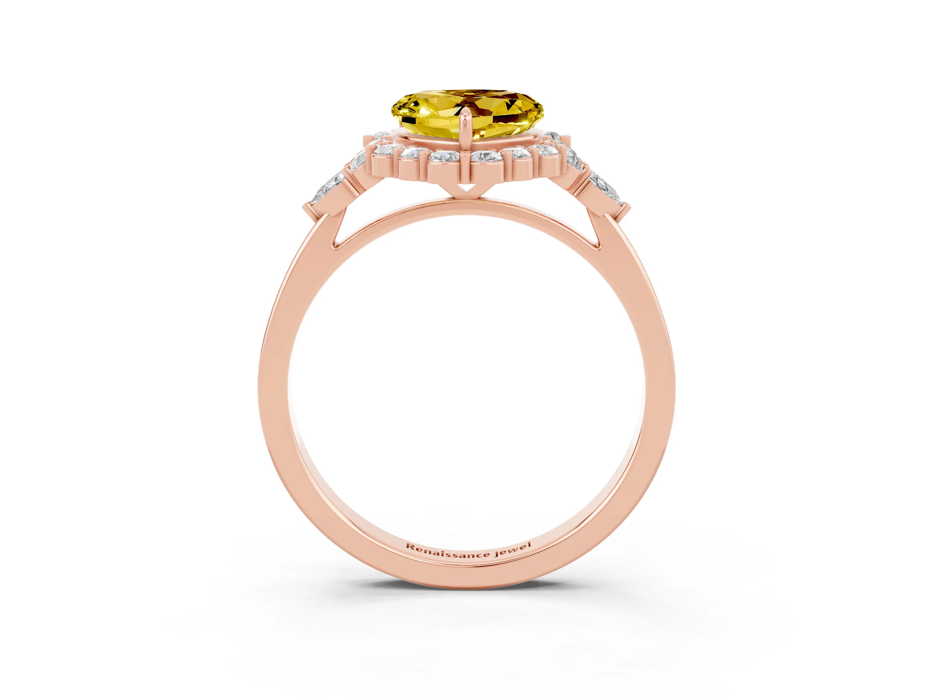 Rose gold Heart Cut Yellow Sapphire Halo Ring with Pear Side Stones and Prong Setting_15