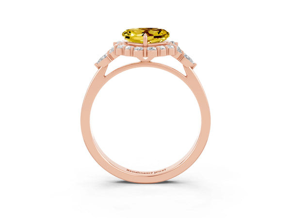 Rose gold Heart Cut Yellow Sapphire Halo Ring with Pear Side Stones and Prong Setting