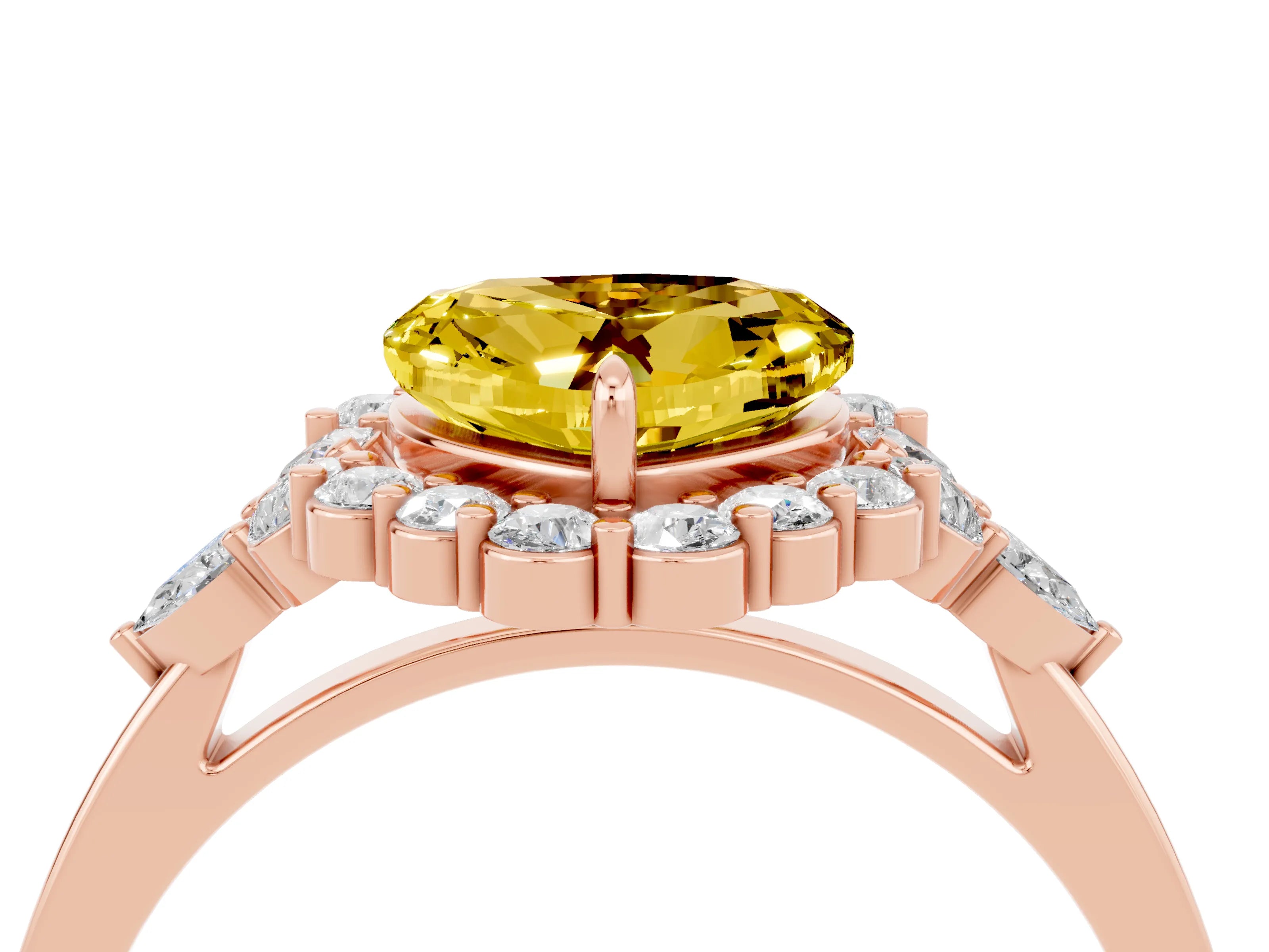 Rose gold Heart Cut Yellow Sapphire Halo Ring with Pear Side Stones and Prong Setting_16
