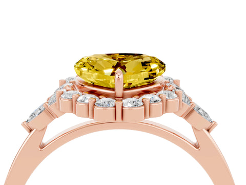 Rose gold Heart Cut Yellow Sapphire Halo Ring with Pear Side Stones and Prong Setting_16