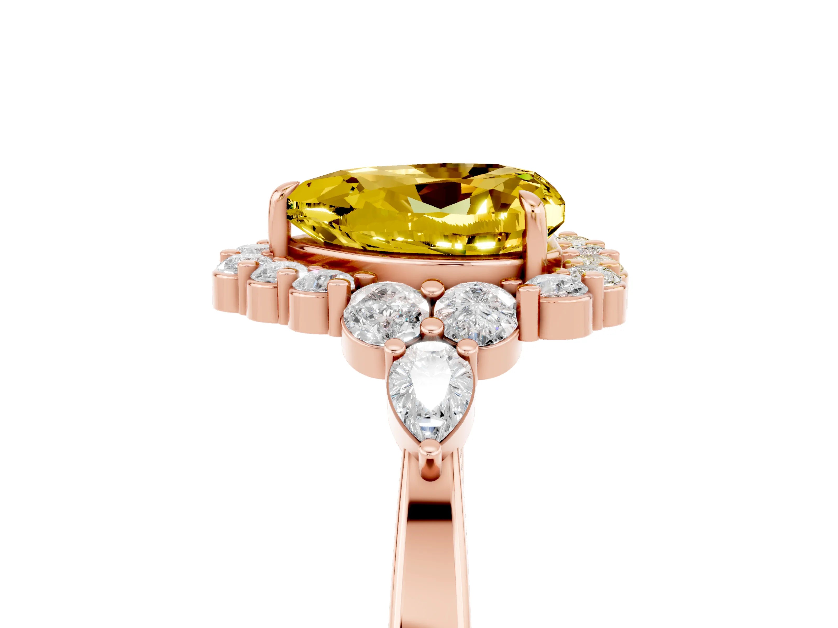 Rose gold Heart Cut Yellow Sapphire Halo Ring with Pear Side Stones and Prong Setting_17