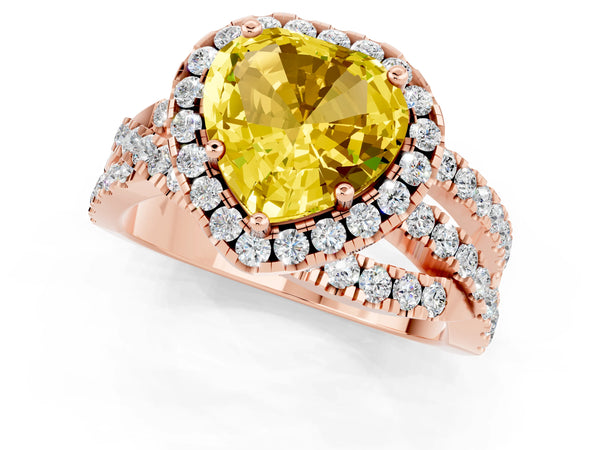 Rose gold Heart Cut Yellow Sapphire Halo Ring with Round Split Shank and Prong Setting