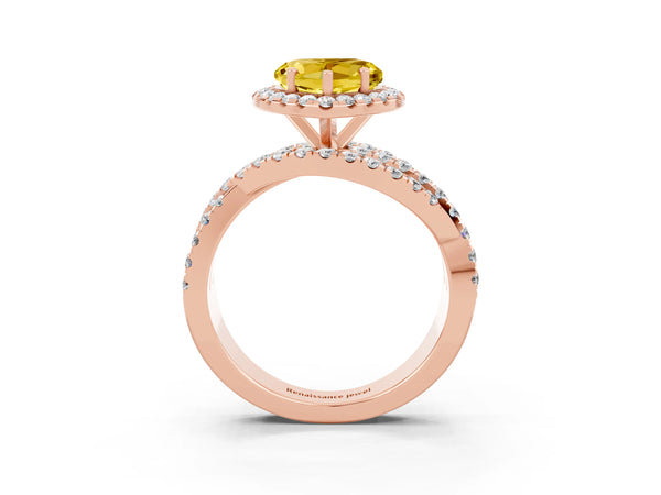 Rose gold Heart Cut Yellow Sapphire Halo Ring with Round Split Shank and Prong Setting