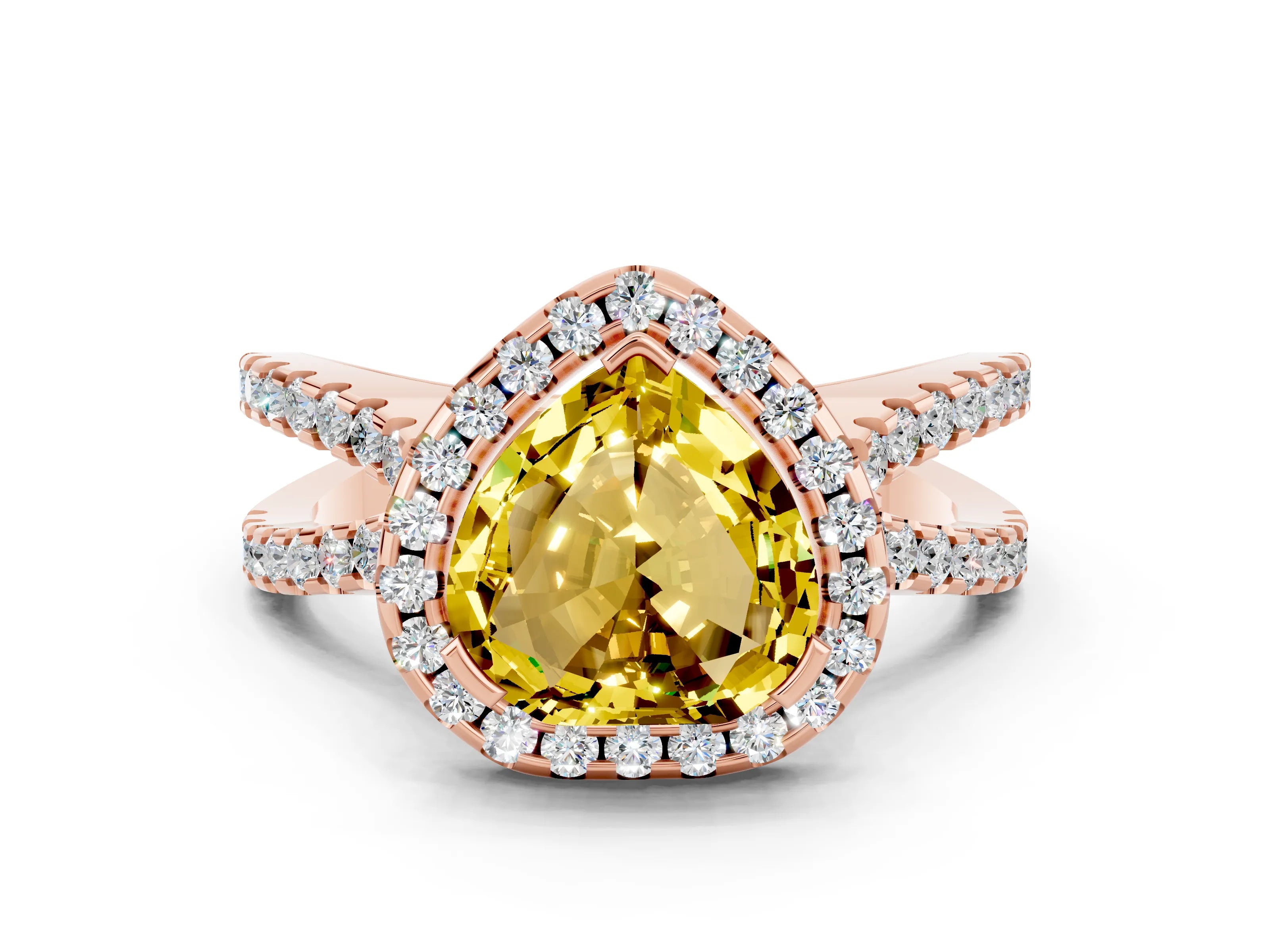 Rose gold Heart Cut Yellow Sapphire Halo Ring with Split Shank Pavé Band and Prong Setting_12