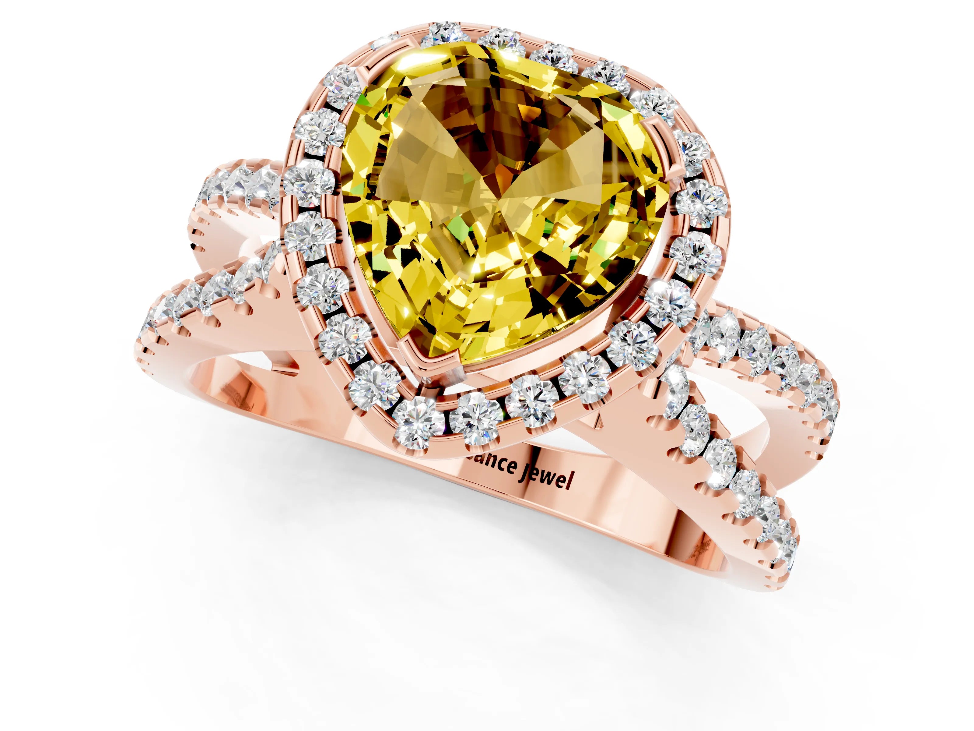 Rose gold Heart Cut Yellow Sapphire Halo Ring with Split Shank Pavé Band and Prong Setting_13