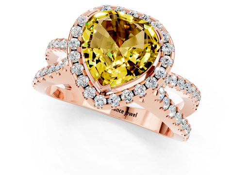Rose gold Heart Cut Yellow Sapphire Halo Ring with Split Shank Pavé Band and Prong Setting_13