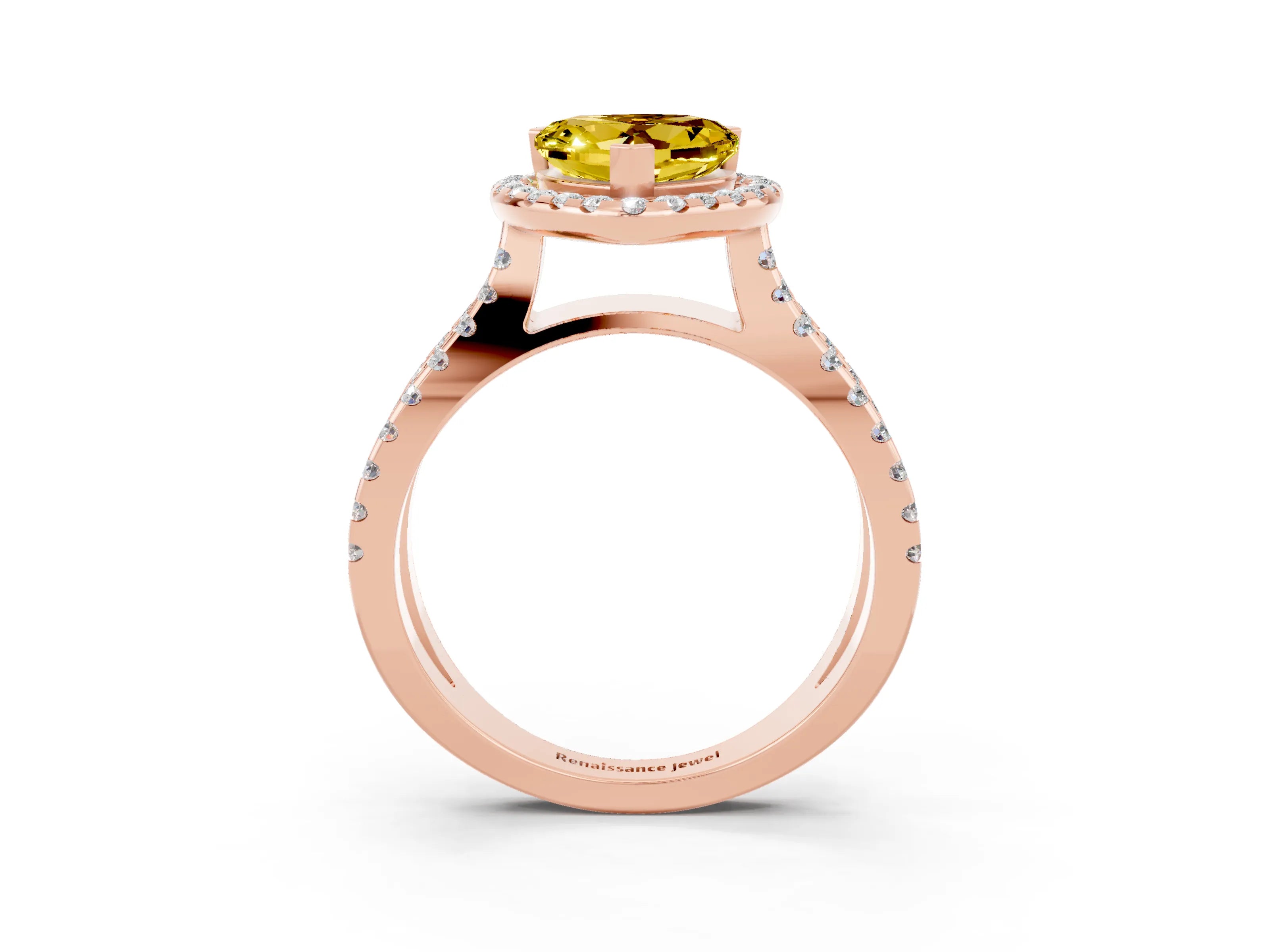 Rose gold Heart Cut Yellow Sapphire Halo Ring with Split Shank Pavé Band and Prong Setting_15