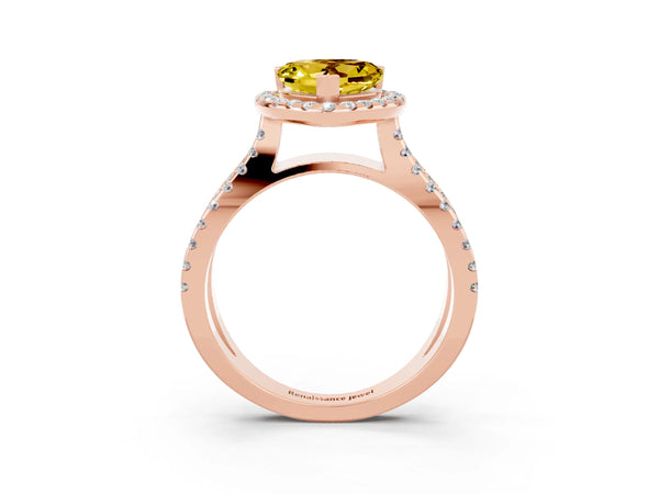Rose gold Heart Cut Yellow Sapphire Halo Ring with Split Shank Pavé Band and Prong Setting