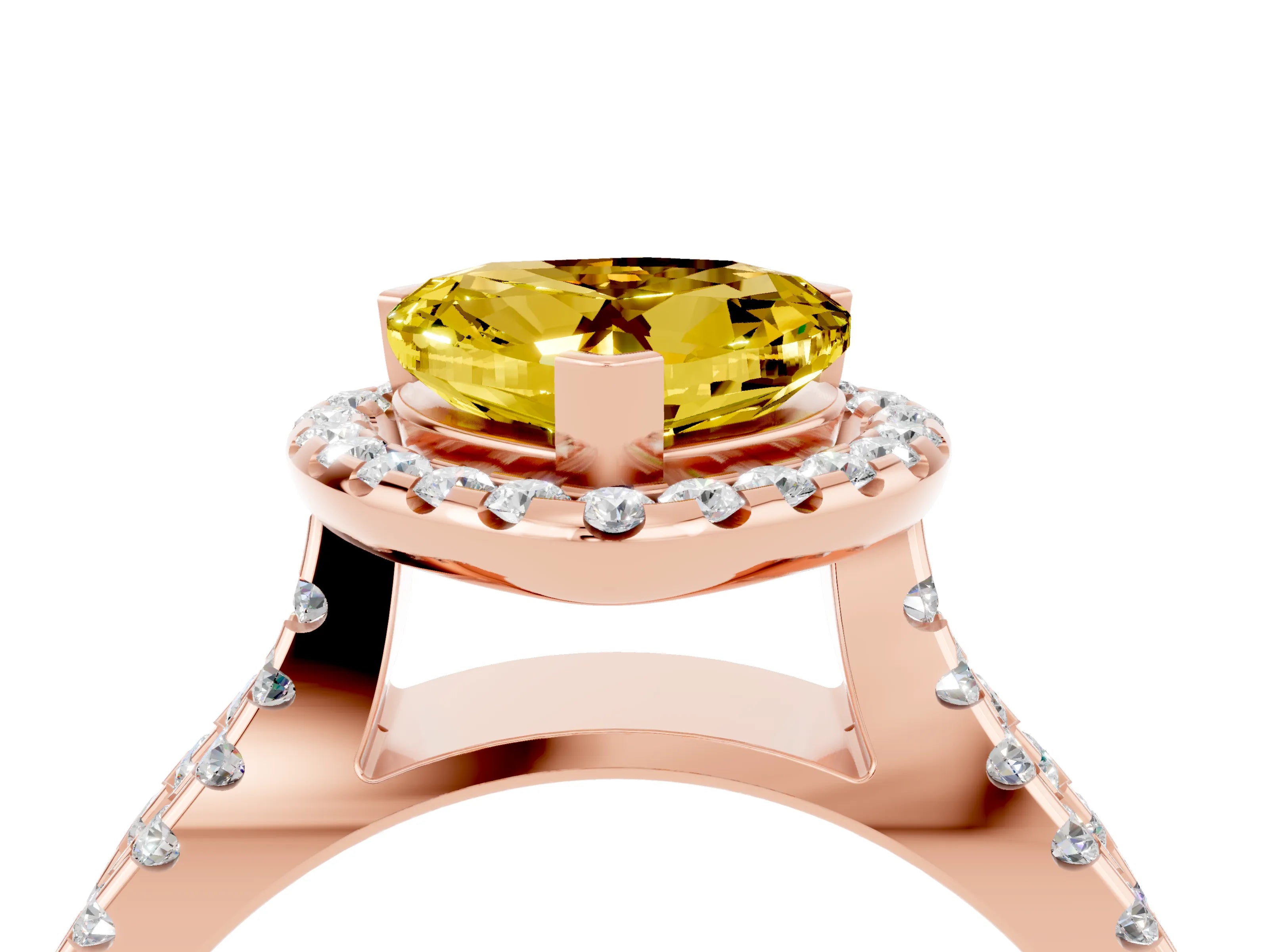 Rose gold Heart Cut Yellow Sapphire Halo Ring with Split Shank Pavé Band and Prong Setting_16