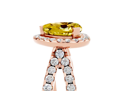 Rose gold Heart Cut Yellow Sapphire Halo Ring with Split Shank Pavé Band and Prong Setting_17