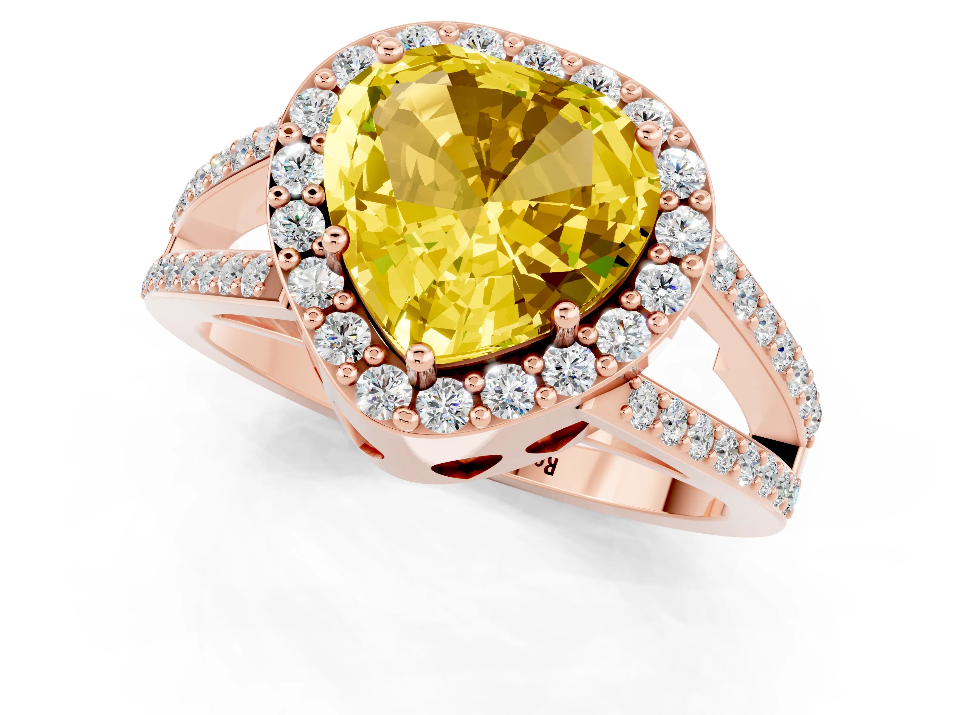 Rose gold Heart Cut Yellow Sapphire Halo Ring with Split Shank U-Prong Band and Four-Prong Setting_1