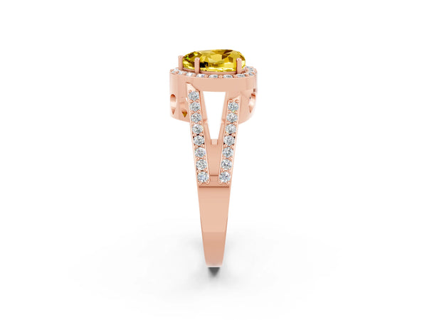 Rose gold Heart Cut Yellow Sapphire Halo Ring with Split Shank U-Prong Band and Four-Prong Setting