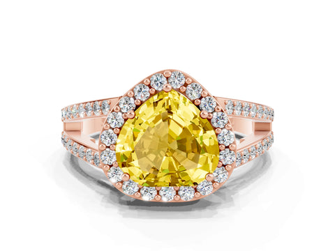 Rose gold Heart Cut Yellow Sapphire Halo Ring with Split Shank U-Prong Band and Four-Prong Setting