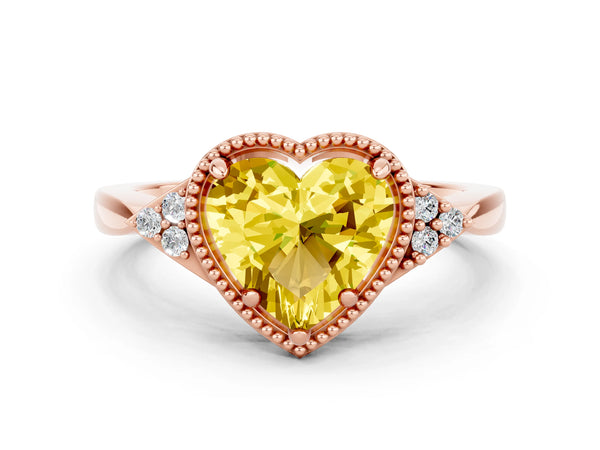 Rose gold Heart Cut Yellow Sapphire Halo Ring with Tapered Band and Four-Prong Setting
