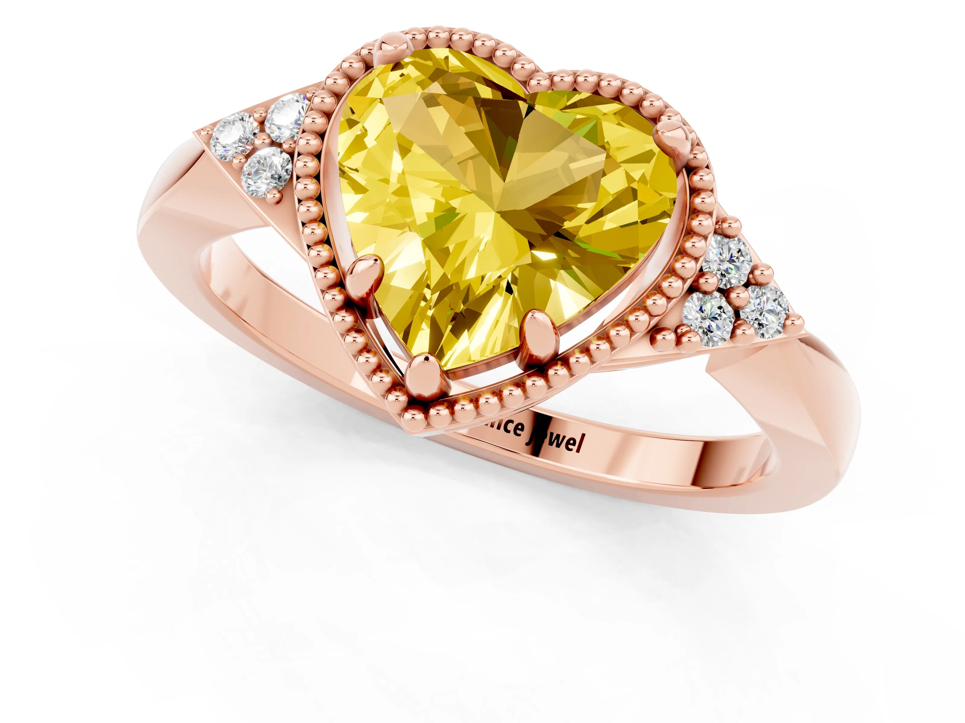 Rose gold Heart Cut Yellow Sapphire Halo Ring with Tapered Band and Four-Prong Setting_1